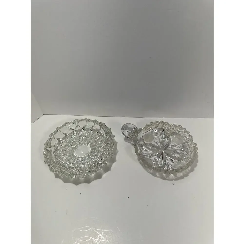 Lot 2 Vintage Large Lead Crystal Cut Clear Glass Ashtray‎ 7” Heavy Dish Etched